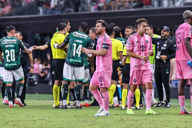 MIAMI, FL - AUGUST 12: Leo Messi 10 of Inter Miami CF looks on during a Leagues Cup soccer match between Inter Miami CF and Leon at NU Stadium on August 12, 2026 in Miami, Florida.(Photo by Chris Arjoon Icon Sportswire) SOCCER: AUG 12 Leagues Cup Miami vs Monterrey EDITORIAL USE ONLY Icon26081200000038
