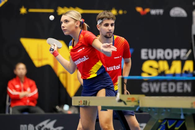 MALMO, SWEDEN - AUGUST 12: Eduard Ionescu and Bernadette Szocs of Romania compete in the Mixed Doubles - Round of 16 match against Lin Shidong and Kuai Man of China on Day 3 of Europe Smash Sweden 2026 at Baltiska Hallen on August 12, 2026 in Malmo, Sweden.  Copyright: xVCGx 111659664143