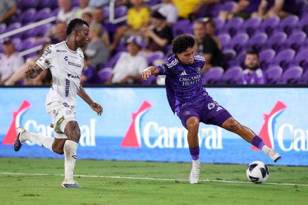 August 12, 2026, Orlando, Florida, USA: Orlando City SC midfielder GUSTAVO CARABALLO (65) battles for the ball during a match against Atlo tico San Luis. Orlando City SC hosted Athletico San Luis in a Leagues Cup match at Inter.Co Stadium in Orlando, FL. Orlando USA - ZUMAm299 20260812_znp_m299_013 Copyright: xTaylorxMcFeex