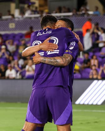 August 12, 2026, Orlando, Florida, USA: Orlando City SC forward JUSTIN ELLIS (22) and midfielder TIAGO SOUZA (11) celebrate a goal by ELLIS during a match against Atlo tico San Luis. Orlando City SC hosted Athletico San Luis in a Leagues Cup match at Inter.Co Stadium in Orlando, FL. Soccer 2026: Athletico San Luis 2:2 Orlando City SC  - ZUMAm299 20260812_znp_m299_015 Copyright: xTaylorxMcFeex