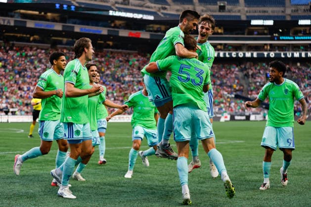 SEATTLE, WA - AUGUST 12: Players from the Seattle Sounders celebrate a goal by defender Gallatin Sandnes 53 during the Leagues Cup match between Chivas de Guadalajara and the Seattle Sounders on August 12, 2026 at Lumen Field in Seattle, Washington. (Photo by Henry Rodenburg Icon Sportswire) SOCCER: AUG 12 Leagues Cup Seattle vs Chivas de Guadalajara EDITORIAL USE ONLY Icon26081201