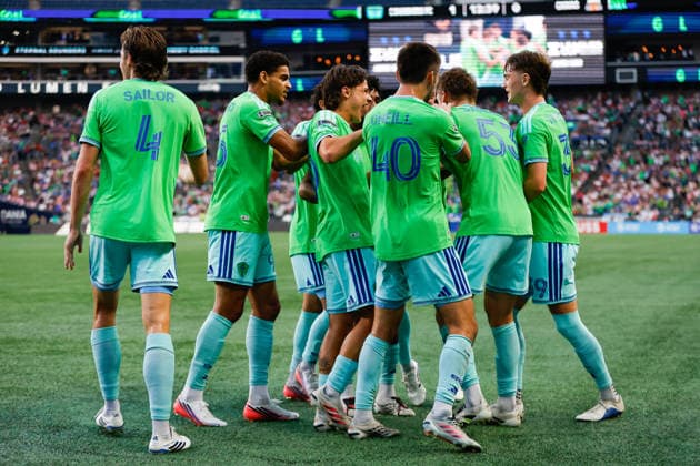 SEATTLE, WA - AUGUST 12: Players from the Seattle Sounders celebrate a goal by defender Gallatin Sandnes 53 during the Leagues Cup match between Chivas de Guadalajara and the Seattle Sounders on August 12, 2026 at Lumen Field in Seattle, Washington. (Photo by Henry Rodenburg Icon Sportswire) SOCCER: AUG 12 Leagues Cup Seattle vs Chivas de Guadalajara EDITORIAL USE ONLY Icon26081203