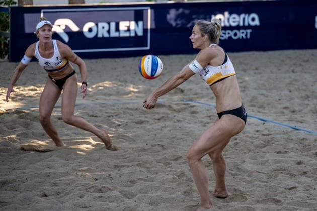 STARE JABLONKI, POLEN - AUGUST 12: Louisa Lippmann (Player 2, GER), Melanie Paul (Player 1, GER) during the European Championships Beach volleyball, Beachvolleyball at Stare Jablonki on August 12, 2026 in Stare Jablonki, Polen. Polen Copyright: xPeterxWeberx