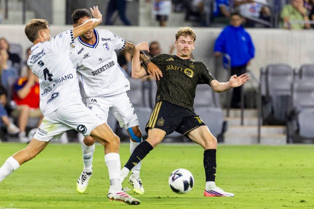 August 12, 2026, Los Angeles, California, USA: Los Angeles FC forward Jacob Everett Shaffelburg (18) vies the ball against Club Quero taro defender Lucas Abascia (2) and midfielder Carlo GarcoÂ­a (4) during a Leagues Club soccer match on Wednesday, Aug. 12, 2026 in Los Angeles. Leagues Club 2026: LAFC Vs Club Quero Taro  - ZUMAc68_ 20260812_zaf_c68_003 Copyright: xRingoxChiux