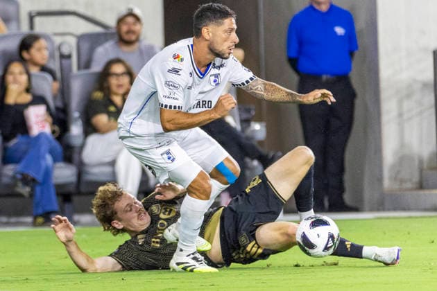August 12, 2026, Los Angeles, California, USA: Los Angeles FC forward Jacob Everett Shaffelburg (18) and Club Quero taro defender Lucas Abascia (2) vie for the ball during a Leagues Club soccer match on Wednesday, Aug. 12, 2026 in Los Angeles. Leagues Club 2026: LAFC Vs Club Quero Taro  - ZUMAc68_ 20260812_zaf_c68_011 Copyright: xRingoxChiux