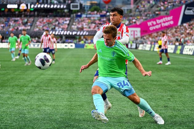 August 12, 2026: Seattle Sounders FC Midfielder Charles Watson Gaffney (84) battles Guadalajara Full Back Bryan Alonso GonzoÂ¡lez Olivan (5)during half one of the phase 1 Leagues Cup match between Seattle Sounders and Chivas de Guadalajara in Seattle, WA. CSM Seattle United States - ZUMAc04_ 20260812_zma_c04_098 Copyright: xStevexFaberx
