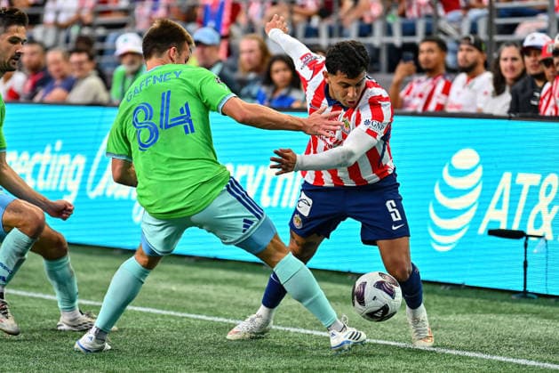 August 12, 2026: Seattle Sounders FC Midfielder Charles Gaffney (84) and Guadalajara Full Back Bryan Alonso GonzoÂ¡lez Olivan (5) battle for the ball during the first half of the phase 1 Leagues Cup match between Seattle Sounders and Chivas de Guadalajara in Seattle, WA. CSM Seattle United States - ZUMAc04_ 20260812_zma_c04_099 Copyright: xStevexFaberx
