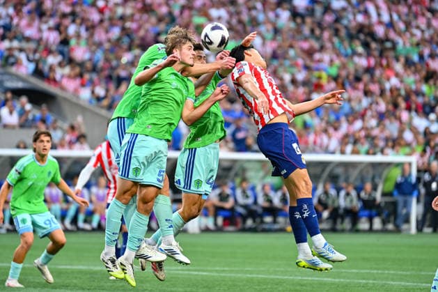 August 12, 2026: Seattle Sounders FC Defender Mark Cian O neil (40) and Seattle Sounders FC Central Defender Gallatin Charles Sandness (53) go up for a header during the phase 1 Leagues Cup match between Seattle Sounders and Chivas de Guadalajara in Seattle, WA. CSM Seattle United States - ZUMAc04_ 20260812_zma_c04_100 Copyright: xStevexFaberx