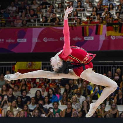 August 12, 2026, Frankfurt, Hesse, Germany: Kazakhstani gymnast AKMARAL YEREKESHEVA competes in the 42nd Rhythmic gymnastics, Rhythmische Sportgymnastik, RSG World Championships qualifiers in the Festhalle in Frankfurt, Hesse, Germany on Wednesday, August 12, 2026. 2026 Rhythmic Gymnastics World Championships Qualifying  - ZUMAd168 20260812_zsp_d168_056 Copyright: xKaixDambachx