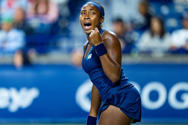 TORONTO, ON - AUGUST 12: Coco Gauff of the United States celebrates after winning a point during her Semi-final match of the WTA, Tennis Damen National Bank Open tournament on August 12, 2026 at Sobeys Stadium in Toronto, ON, Canada (Photo by Julian Avram Icon Sportswire) TENNIS: AUG 12 National Bank Open EDITORIAL USE ONLY Icon2608120278