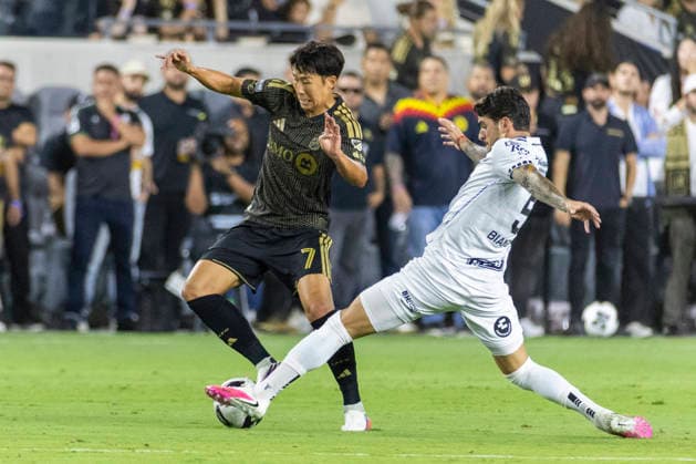 August 12, 2026, Los Angeles, California, USA: Los Angeles FC forward Heung Min Son (7) and Club Quero taro forward AloÂ­ oÂvila (9) vie for the ball during a Leagues Club soccer match on Wednesday, Aug. 12, 2026 in Los Angeles. Leagues Club 2026: LAFC 5: 4 Club Quero Taro  - ZUMAc68_ 20260812_zaf_c68_021 Copyright: xRingoxChiux