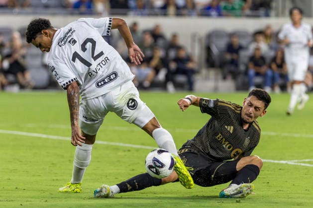 August 12, 2026, Los Angeles, California, USA: Club Quero taro defender Paulo Victor (12) and Los Angeles FC midfielder Marco Antonio Delgado (8) vie for the ball during a Leagues Club soccer match on Wednesday, Aug. 12, 2026 in Los Angeles. Los Angeles USA - ZUMAc68_ 20260812_zaf_c68_032 Copyright: xRingoxChiux