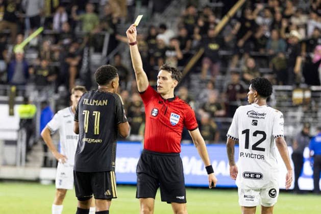August 12, 2026, Los Angeles, California, USA: Los Angeles FC midfielder Timothy Justin Tillman (11) receives a yellow card during a Leagues Club soccer match against the Club Quero taro on Wednesday, Aug. 12, 2026 in Los Angeles. Los Angeles USA - ZUMAc68_ 20260812_zaf_c68_051 Copyright: xRingoxChiux