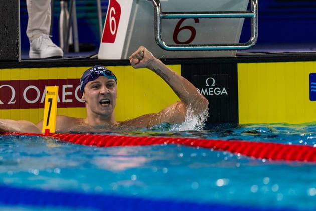 SWIMMING - EAC 2026 PARIS,FRANCE,13.AUG.26 - SWIMMING - European Aquatics Championships Paris 2026, 200m freestyle, men. Image shows the rejoicing of Christian Giefing (AUT).  GEPAxpictures xPhilippxBrem