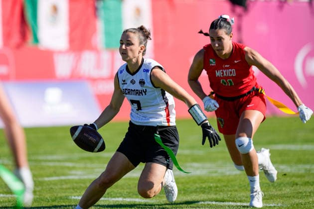 Kyra Fischer (Germany) run with the ball during the Women s 2026 IFAF Flag Football World Championships group stage match between Mexico v Germany at Flag Football Complex Dusseldorf-Garath on August 13, 2026 in Dusseldorf, Germany. (Photo by Alex Gottschalk DeFodi Images) - *** Kyra Fischer of Germany runs with the ball during the group stage match of the 2026 IFAF Women’s Flag Football World Championships between Mexico and Germany at the Flag Football Complex Düsseldorf-Garath on August 13, 2026, in Düsseldorf, Germany. Photo by Alex Gottschalk, DeFodi Images