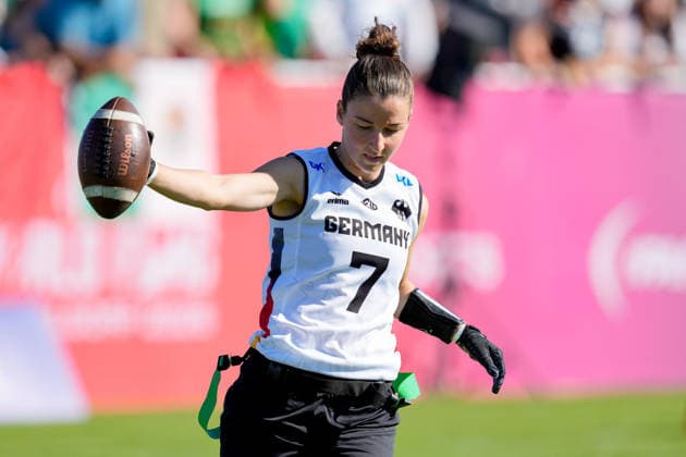 Kyra Fischer (Germany) run with the ball during the Women s 2026 IFAF Flag Football World Championships group stage match between Mexico v Germany at Flag Football Complex Dusseldorf-Garath on August 13, 2026 in Dusseldorf, Germany. (Photo by Alex Gottschalk DeFodi Images) - *** Kyra Fischer of Germany runs with the ball during the group stage match of the 2026 IFAF Women’s Flag Football World Championships between Mexico and Germany at the Flag Football Complex Düsseldorf-Garath on August 13, 2026, in Düsseldorf, Germany. Photo by Alex Gottschalk, DeFodi Images