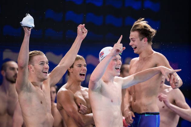 260813 Jacob Austevoll Harlem, Sander Kiaer Sorensen, Bjornar Grytnes Laskerud and Elias Nordeng Refstie of Norway celebrate after competing in men™s 4x100 meters freestyle swimming heats during day 14 of the 2026 European Aquatics Championships on August 13, 2026 in Saint-Denis. Photo: Joel Marklund BILDBYRAN kod JM JM0841 bbeng simning swimming svomming 2026 european aquatics championships em Norge *** 260813 Jacob Austevoll Harlem, Sander Kiaer Sorensen, Bjornar Grytnes Laskerud and Elias Nordeng Refstie of Norway celebrate after competing in the men’s 4x100-meter freestyle swimming heats during day 14 of the 2026 European Aquatics Championships on August 13, 2026 in Saint-Denis. Photo by Joel Marklund. BILDBYRAN code JM JM0841 bbeng swimming 2026 European Aquatics Championships in Norway  Copyright: JOELxMARKLUND BB260813JM067