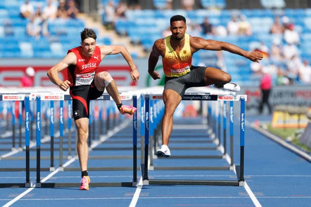 BIRMINGHAM, GREAT BRITAIN - AUGUST 13, 2026: Leon KRUMMENACHER (SUI Switzerland), Leo NEUGEBAUER (GER Germany) competing in the 110m hurdles of the decathlon during the European Athletics Championships at Alexander Stadium on August 13, 2026 in Birmingham, Great Britain. Great Britain Copyright: xAxelxKohringx