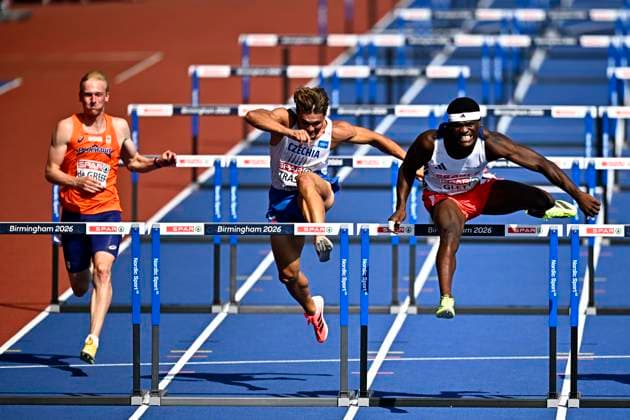 European Athletics Championships Birmingham 2026 - day 4 BIRMINGHAM, ENGLAND - AUGUST 13 : De Greef Jip (NED), Vilém Stráský (CZE) , Gletty Makenson (FRA) in action during the 110M Hurdles Decathlon on day 4 of the Birmingham 2026 European Athletics Championships on August 13, 2026 in Birmingham, England, 13 08 2026 Birmingham ENGLAND  Copyright: xTomasxSiskx