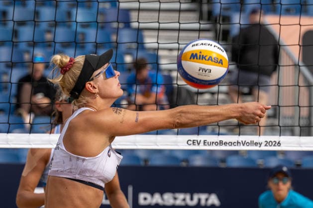 STARE JABLONKI, POLEN - AUGUST 13: Linda Bock (Player 1, GER) during the European Championships Beach volleyball, Beachvolleyball at Stare Jablonki on August 13, 2026 in Stare Jablonki, Polen. Polen Copyright: xPeterxWeberx