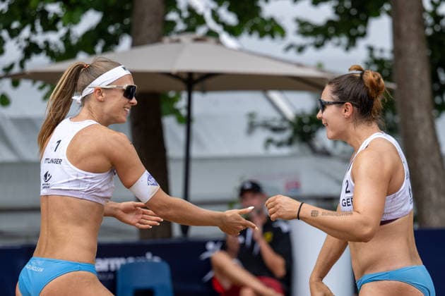 STARE JABLONKI, POLEN - AUGUST 13: Sandra Ittlinger (Player 1, GER), Anna-Lena Grüne (Player 2, GER) during the European Championships Beach volleyball, Beachvolleyball at Stare Jablonki on August 13, 2026 in Stare Jablonki, Polen. Polen Copyright: xPeterxWeberx