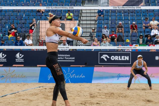 STARE JABLONKI, POLEN - AUGUST 13: Linda Bock (Player 1, GER) during the European Championships Beach volleyball, Beachvolleyball at Stare Jablonki on August 13, 2026 in Stare Jablonki, Polen. Polen Copyright: xPeterxWeberx
