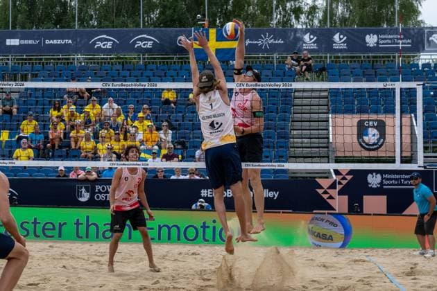 STARE JABLONKI, POLEN - AUGUST 13: Nils Ehlers (Player 1, GER), Lui Wüst (Player 2, GER) during the European Championships Beach volleyball, Beachvolleyball at Stare Jablonki on August 13, 2026 in Stare Jablonki, Polen. Polen Copyright: xPeterxWeberx