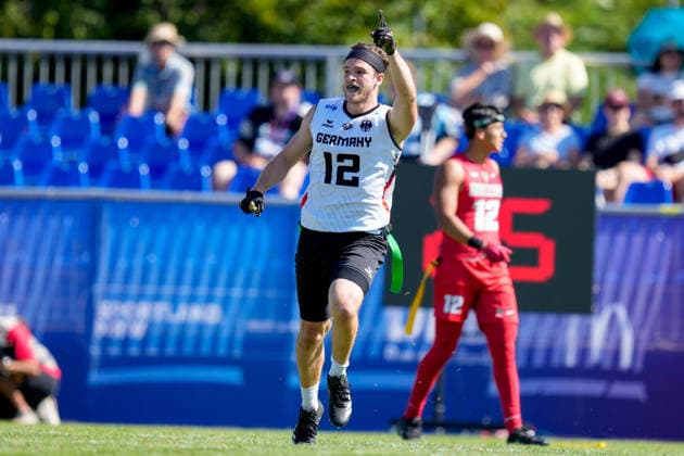 Moritz Apfel (Germany) celebrates during the Men s 2026 IFAF Flag Football World Championships group stage match between Mexico v Germany at Flag Football Complex Dusseldorf-Garath on August 13, 2026 in Dusseldorf, Germany. (Photo by Alex Gottschalk DeFodi Images) - *** Moritz Apfel of Germany celebrates during the group stage match of the 2026 IFAF Men s Flag Football World Championships between Mexico and Germany at the Flag Football Complex Düsseldorf-Garath on August 13, 2026, in Düsseldorf, Germany. Photo by Alex Gottschalk, DeFodi Images
