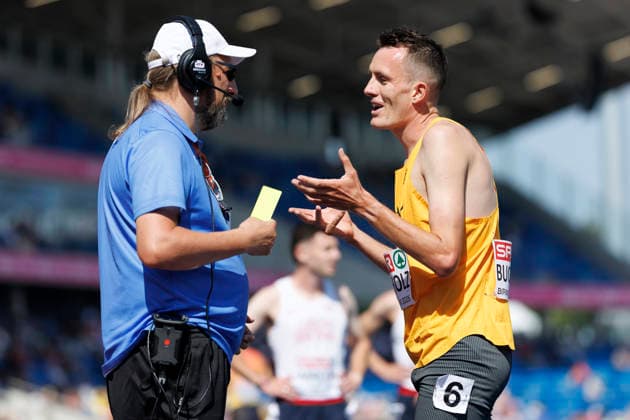 BIRMINGHAM, GREAT BRITAIN - AUGUST 13, 2026: Niklas BUCHHOLZ (GER Germany) discusses with a referee about a yellow card after the 3000m steeplechase qualification during the European Athletics Championships at Alexander Stadium on August 13, 2026 in Birmingham, Great Britain. Great Britain Copyright: xAxelxKohringx