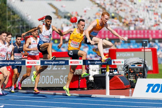 BIRMINGHAM, GREAT BRITAIN - AUGUST 13, 2026: Frederik RUPPERT (GER Germany) and Niklas BUCHHOLZ (GER Germany) competing in the 3000m steeplechase qualification round during the European Athletics Championships at Alexander Stadium on August 13, 2026 in Birmingham, Great Britain. Great Britain Copyright: xAxelxKohringx