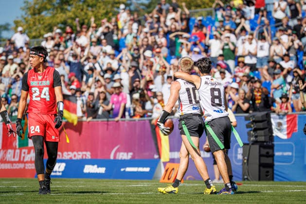 Mexico (MEX) vs. Germany (GER), Day 1 Men at IFAF Flag Football Championships Düsseldorf 2026, 13.08.2026 Duesseldorf, Germany - Aug. 13, 2026: Ben Fröhlich (GER 10) and Malik Al-Kahlout (GER 8)during the match between Mexico (MEX) vs. Germany (GER) on the first day of the Men IFAF Flag Football World Championships at the Bezirkssportanlage Duesseldorf Garath *** Mexico MEX vs. Germany GER, Day 1 Men s Division at the IFAF Flag Football Championships Düsseldorf 2026, August 13, 2026, Düsseldorf, Germany, Aug. 13, 2026 Ben Fröhlich (GER) 10 and Malik Al Kahlout (GER) 8 during the match between Mexico (MEX) and Germany (GER) on the first day of the Men’s IFAF Flag Football World Championships at the Bezirkssportanlage Düsseldorf Garath Copyright: xBEAUTIFULxSPORTS B.Hoffmannx
