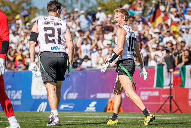 Mexico (MEX) vs. Germany (GER), Day 1 Men at IFAF Flag Football Championships Düsseldorf 2026, 13.08.2026 Duesseldorf, Germany - Aug. 13, 2026: Ben Fröhlich (GER 10) and Malik Al-Kahlout (GER 8)during the match between Mexico (MEX) vs. Germany (GER) on the first day of the Men IFAF Flag Football World Championships at the Bezirkssportanlage Duesseldorf Garath *** Mexico MEX vs. Germany GER, Day 1 Men s Division at the IFAF Flag Football Championships Düsseldorf 2026, August 13, 2026, Düsseldorf, Germany, Aug. 13, 2026 Ben Fröhlich (GER) 10 and Malik Al Kahlout (GER) 8 during the match between Mexico (MEX) and Germany (GER) on the first day of the Men’s IFAF Flag Football World Championships at the Bezirkssportanlage Düsseldorf Garath Copyright: xBEAUTIFULxSPORTS B.Hoffmannx