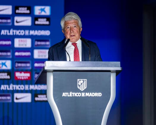 Alejandro Grimaldo unveiling as new player of Atletico de Madrid Enrique Cerezo, President of Atletico de Madrid, is seen speaking during the unveiling of Alejandro Grimaldo as new player of Atletico de Madrid at Estadio Riyadh Air Metropolitano on August 13, 2026 in Madrid, Spain. Madrid Estadio Riyadh Air Metropolitano Madrid Spain Copyright: xAlbertoxGardinx AGardin_20260813_Grimaudo_0005