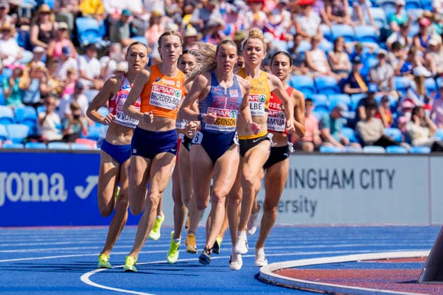 BIRMINGHAM, GREAT BRITAIN - AUGUST 13, 2026 : Smilla KOLBE (GER Germany), Femke BROEDERS-BOL (NED Netherlands) and Keely HODGKINSON (GBR Great Britain) competing in the 800m semifinals during the European Athletics Championships at Alexander Stadium on August 13, 2026 in Birmingham, Great Britain. Great Britain Copyright: xLeahxKohringx