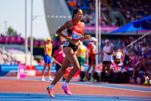BIRMINGHAM, GREAT BRITAIN - AUGUST 13, 2026 : Audrey WERRO (SUI Switzerland) falls down competing in the 800m semifinals during the European Athletics Championships at Alexander Stadium on August 13, 2026 in Birmingham, Great Britain. Great Britain Copyright: xLeahxKohringx