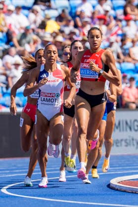 BIRMINGHAM, GREAT BRITAIN - AUGUST 13, 2026 : Audrey WERRO (SUI Switzerland) falls down competing in the 800m semifinals during the European Athletics Championships at Alexander Stadium on August 13, 2026 in Birmingham, Great Britain. Great Britain Copyright: xLeahxKohringx