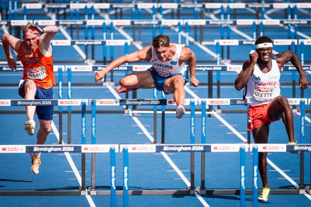 European Athletics Championships in Birmingham, United Kingdom, August 13, 2026. L-R Jip de Greef (NDL), Czech Vilem Strasky and Makenson Gletty (FRA) compete during the Men s Decathlon - 110-meter hurdles. (CTKxPhoto JaroslavxSvoboda) CTKPhotoP2026081304509  CTKPhotoP2026081304509