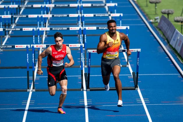 13.08.2026, GBR, Leichtathletik, Europameisterschaft 2026, Morgensession Tag 4, Birmingham Leo Neugebauer ( Deutschland ), Leon Krummenacher ( Schweiz ), Zehnkampf Herren, 110 Meter Hürden Birmingham Alexander Stadium England Großbritannien *** August 13, 2026, GBR, Track and Field, 2026 European Championships, Morning Session, Day 4, Birmingham: Leo Neugebauer (Germany), Leon Krummenacher (Switzerland), Men s Decathlon, 110-meter hurdles, Alexander Stadium, Birmingham, England, Great Britain Copyright: xNordphoto Memmlerx