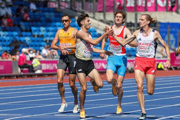 27th European Athletics Championships - Birmingham 2026: Day Four Belgium s Remi Schyns and France s Baptiste Fourmont celebrate qualification as they cross the finish line during Round 2 of the Men s Steeplechase event on Day Four of the 2026 European Athletics Championships at the Alexander Stadium in Perry Bar, Birmingham, England. Perry Bar Birmingham United Kingdom  Copyright: xMIxNewsx originalFilename:fletcher-european260813_nptcV.jpg