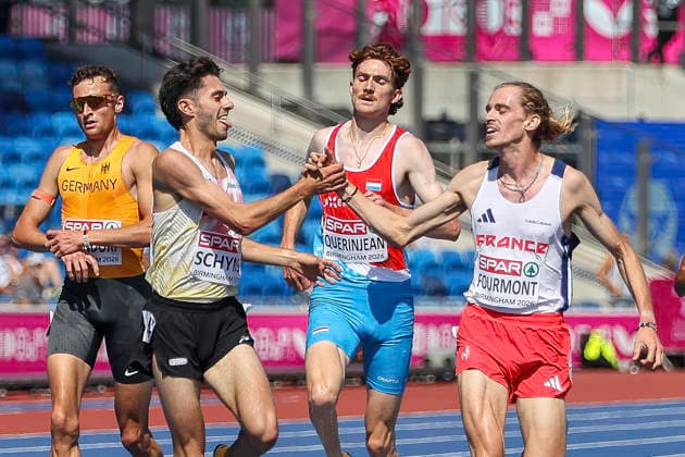 27th European Athletics Championships - Birmingham 2026: Day Four Belgium s Remi Schyns and France s Baptiste Fourmont celebrate qualification as they cross the finish line during Round 2 of the Men s Steeplechase event on Day Four of the 2026 European Athletics Championships at the Alexander Stadium in Perry Bar, Birmingham, England. Perry Bar Birmingham United Kingdom  Copyright: xMIxNewsx originalFilename:fletcher-european260813_npZTa.jpg