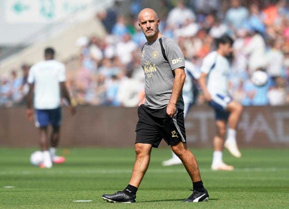 Manchester, England, Enzo Maresca coach of Manchester City of Manchester City during a training session at the Joie Stadium, Manchester. Picture date: 13th August 2026. Picture credit should read: Andrew Yates Sportimage EDITORIAL USE ONLY. No use with unauthorised audio, video, data, fixture lists, club league logos or live services. Online in-match use limited to 120 images, no video emulation. No use in betting, games or single club league player publications. SPI_002_Man_City_Training SPI-4902-0002