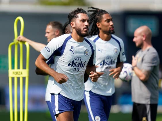 Manchester, England, Rayan Cherki of Manchester City during a training session at the Joie Stadium, Manchester. Picture date: 13th August 2026. Picture credit should read: Andrew Yates Sportimage EDITORIAL USE ONLY. No use with unauthorised audio, video, data, fixture lists, club league logos or live services. Online in-match use limited to 120 images, no video emulation. No use in betting, games or single club league player publications. SPI_005_Man_City_Training SPI-4902-0005
