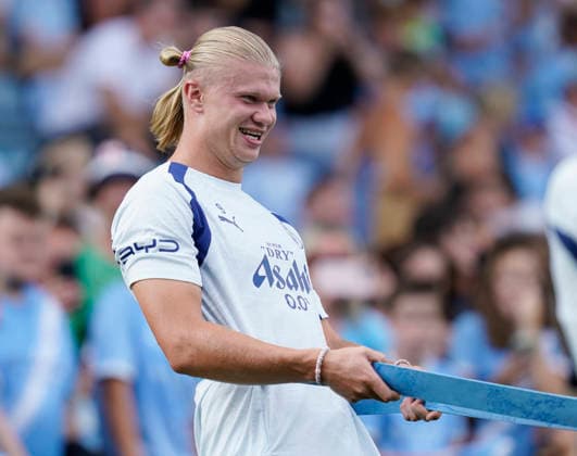 Manchester, England, Erling Haaland of Manchester City during a training session at the Joie Stadium, Manchester. Picture date: 13th August 2026. Picture credit should read: Andrew Yates Sportimage EDITORIAL USE ONLY. No use with unauthorised audio, video, data, fixture lists, club league logos or live services. Online in-match use limited to 120 images, no video emulation. No use in betting, games or single club league player publications. SPI_011_Man_City_Training SPI-4902-0010