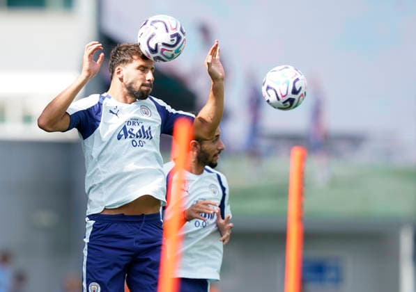 Manchester, England, Ruben Dias of Manchester City during a training session at the Joie Stadium, Manchester. Picture date: 13th August 2026. Picture credit should read: Andrew Yates Sportimage EDITORIAL USE ONLY. No use with unauthorised audio, video, data, fixture lists, club league logos or live services. Online in-match use limited to 120 images, no video emulation. No use in betting, games or single club league player publications. SPI_009_Man_City_Training SPI-4902-0014