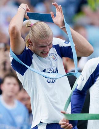 Manchester, England, Erling Haaland of Manchester City during a training session at the Joie Stadium, Manchester. Picture date: 13th August 2026. Picture credit should read: Andrew Yates Sportimage EDITORIAL USE ONLY. No use with unauthorised audio, video, data, fixture lists, club league logos or live services. Online in-match use limited to 120 images, no video emulation. No use in betting, games or single club league player publications. SPI_014_Man_City_Training SPI-4902-0016
