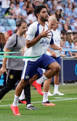 Manchester, England, Omar Marmoush of Manchester City during a training session at the Joie Stadium, Manchester. Picture date: 13th August 2026. Picture credit should read: Andrew Yates Sportimage EDITORIAL USE ONLY. No use with unauthorised audio, video, data, fixture lists, club league logos or live services. Online in-match use limited to 120 images, no video emulation. No use in betting, games or single club league player publications. SPI_020_Man_City_Training SPI-4902-0022