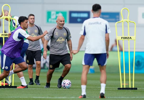 Manchester, England, Enzo Maresca coach of Manchester City during a training session at the Joie Stadium, Manchester. Picture date: 13th August 2026. Picture credit should read: Andrew Yates Sportimage EDITORIAL USE ONLY. No use with unauthorised audio, video, data, fixture lists, club league logos or live services. Online in-match use limited to 120 images, no video emulation. No use in betting, games or single club league player publications. SPI_027_Man_City_Training SPI-4902-0026