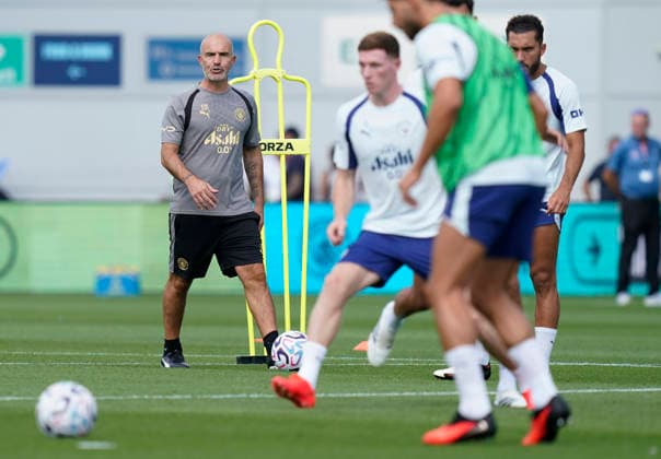 Manchester, England, Enzo Maresca coach of Manchester City during a training session at the Joie Stadium, Manchester. Picture date: 13th August 2026. Picture credit should read: Andrew Yates Sportimage EDITORIAL USE ONLY. No use with unauthorised audio, video, data, fixture lists, club league logos or live services. Online in-match use limited to 120 images, no video emulation. No use in betting, games or single club league player publications. SPI_025_Man_City_Training SPI-4902-0028
