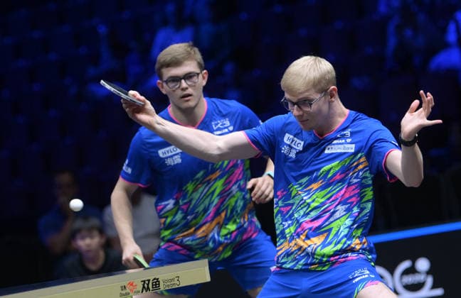 (260813) -- MALMO, Aug. 13, 2026 -- Alexis Lebrun Felix Lebrun (R) compete during the men s doubles quarterfinal match between China s Lin Shidong Wen Ruibo and Alexis Lebrun Felix Lebrun of France at the WTT Europe Smash Sweden 2026 in Malmo, Sweden, Aug. 13, 2026. ) (SP)SWEDEN-MALMO Table tennis, Tischtennis WTT EUROPE SMASH 2026-MEN S DOUBLES WengxXinyang 
