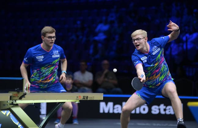 (260813) -- MALMO, Aug. 13, 2026 -- Alexis Lebrun Felix Lebrun (R) compete during the men s doubles quarterfinal match between China s Lin Shidong Wen Ruibo and Alexis Lebrun Felix Lebrun of France at the WTT Europe Smash Sweden 2026 in Malmo, Sweden, Aug. 13, 2026. ) (SP)SWEDEN-MALMO Table tennis, Tischtennis WTT EUROPE SMASH 2026-MEN S DOUBLES WengxXinyang 